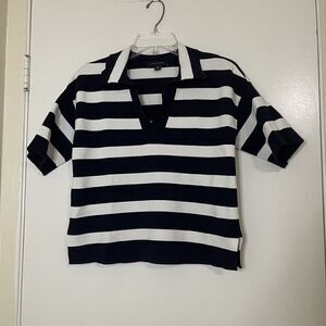 ANN TAYLOR navy stripe short sleeve pullover knit polo size US Small